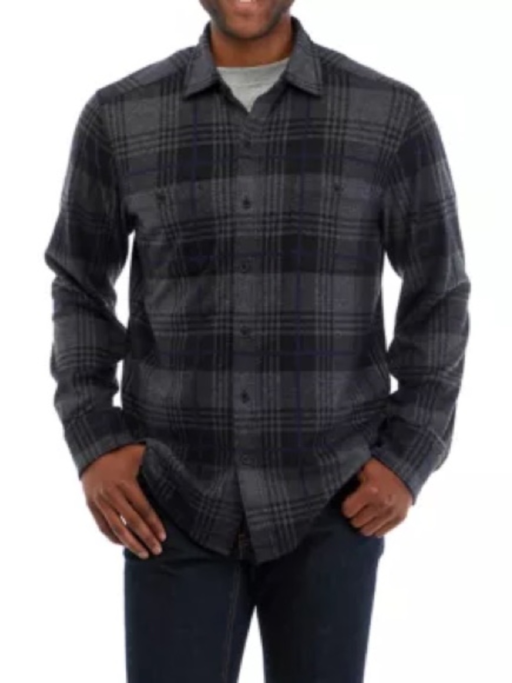 Tommy Bahama Men’s XL Gray Black Blue Plaid Long Sleeve Stretch Shirt